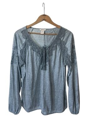 Sundance | Women’s Grey Heather Balloon Sleeve Embroidered Lace-Trim Tunic Top S